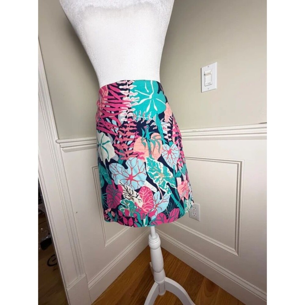 Talbots Pink Blue Tropical Floral Pencil Skirt Size 4 Cotton Stretch